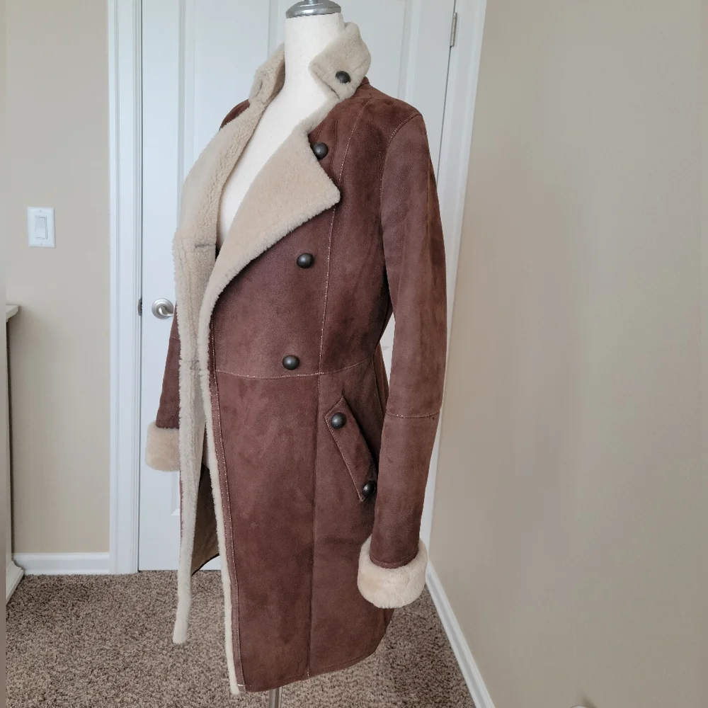 Gena Vintage 100% Genuine Shearling Wool Brown Military Style Pea Coat Size XS - Picture 4 of 12